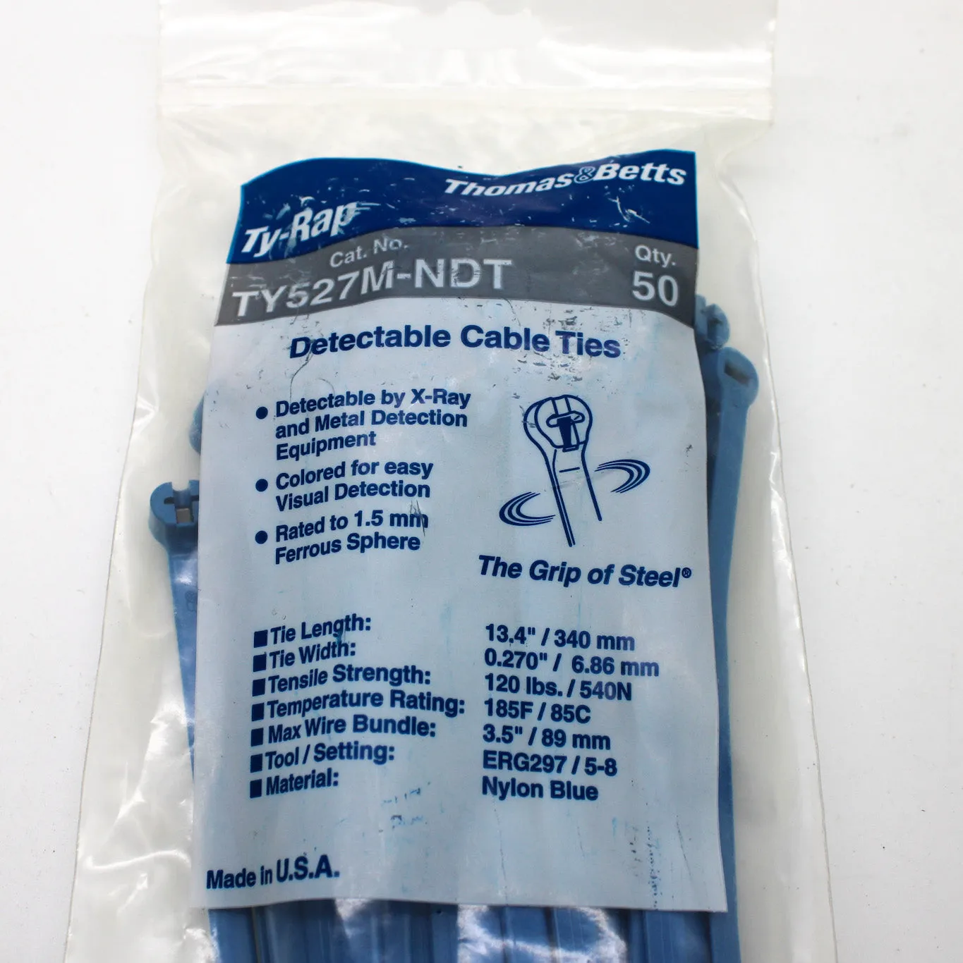 50 Pack of Thomas & Betts 13.5" Nylon 6/6 Blue Detectable Cable Ties TY527M-NDT