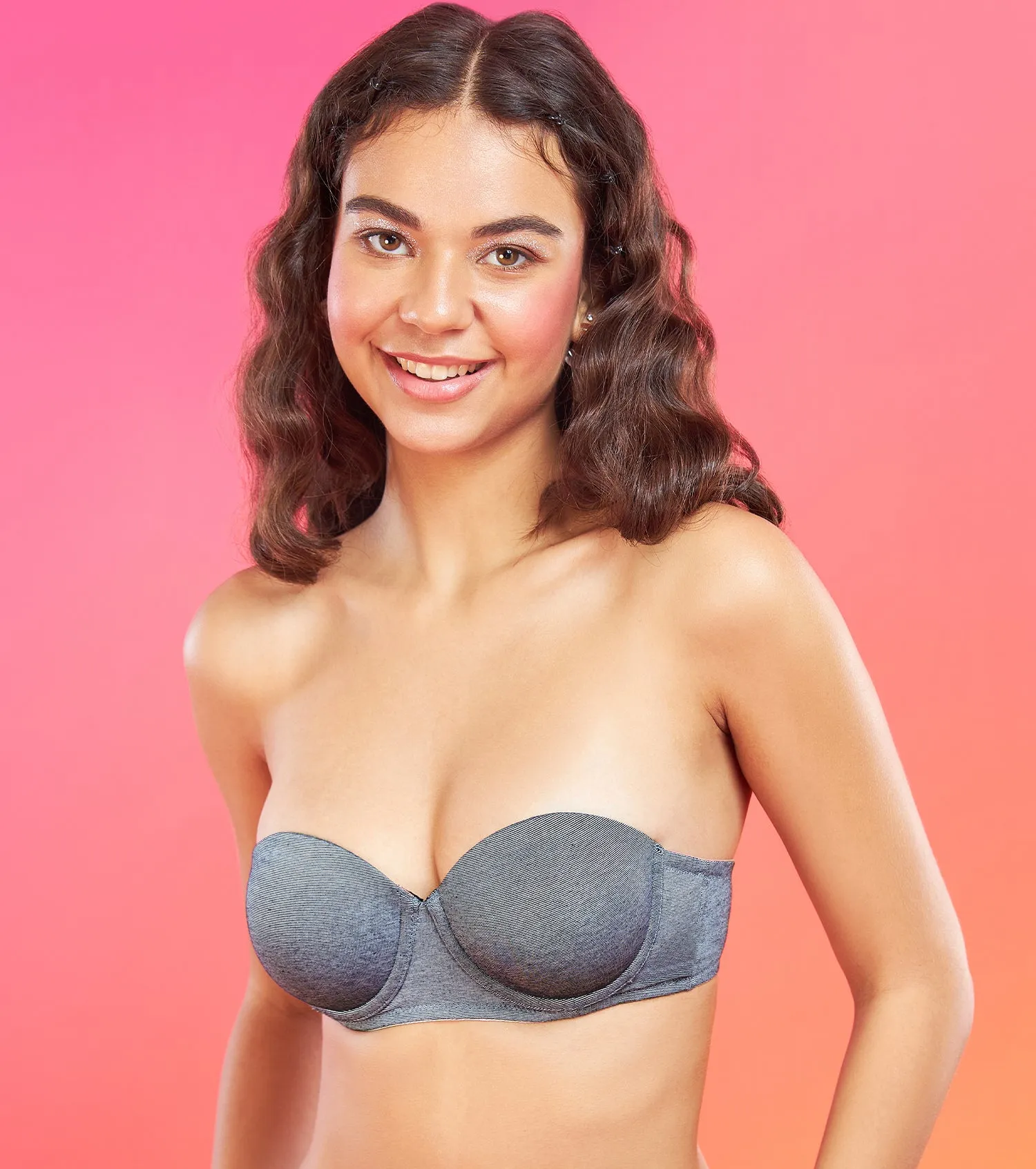 Enamor XO Pin Stripe Navy Wired Padded Strapless Bra - Kimmie