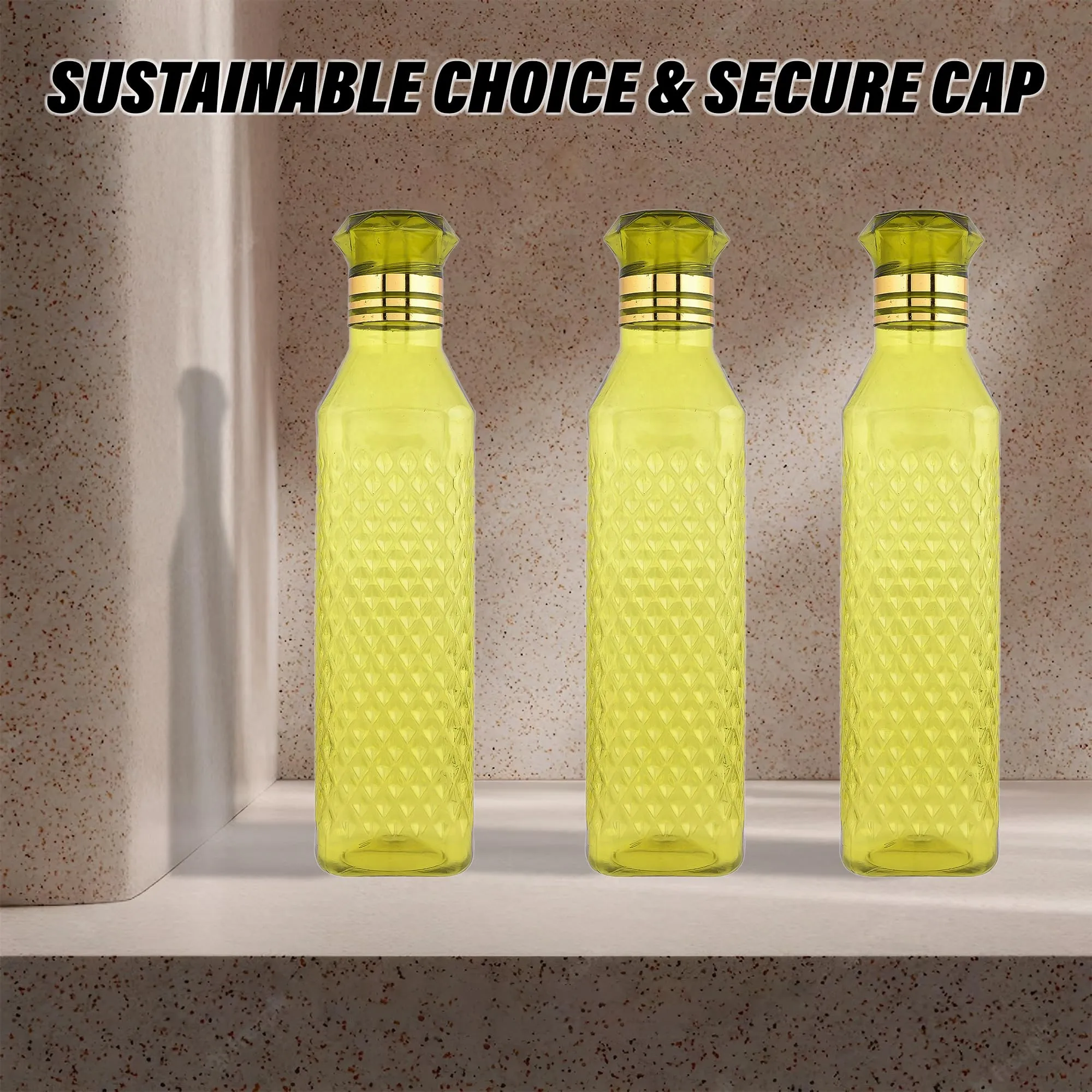 Kuber Industries Water Bottle | Plastic Water Bottle for Fridge | Water Bottle for Kitchen | Ideal for Restaurant | Water Bottle for Refrigerator | Square H2O Bottle | 1 LTR | Pack of 3 | Green