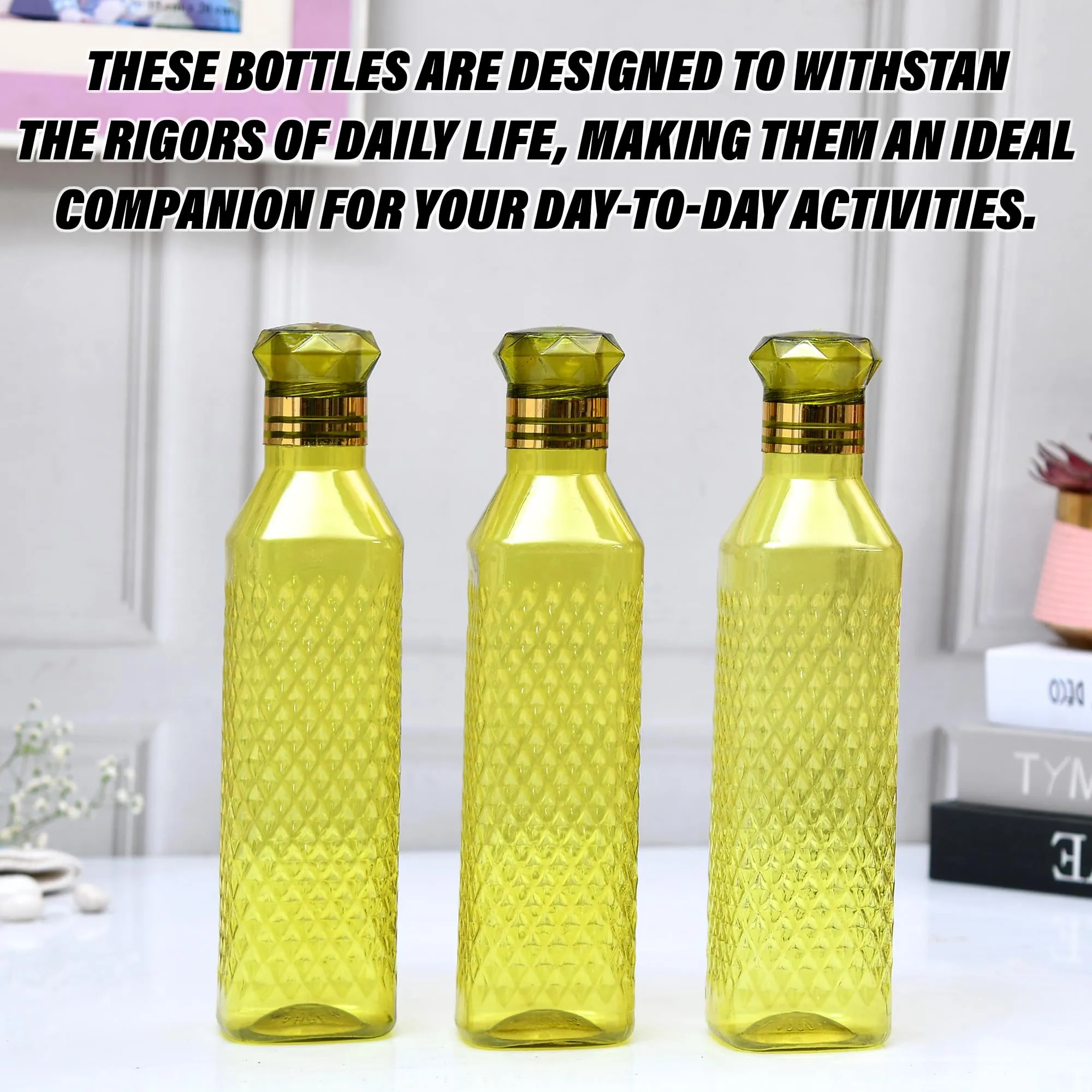 Kuber Industries Water Bottle | Plastic Water Bottle for Fridge | Water Bottle for Kitchen | Ideal for Restaurant | Water Bottle for Refrigerator | Square H2O Bottle | 1 LTR | Pack of 3 | Green