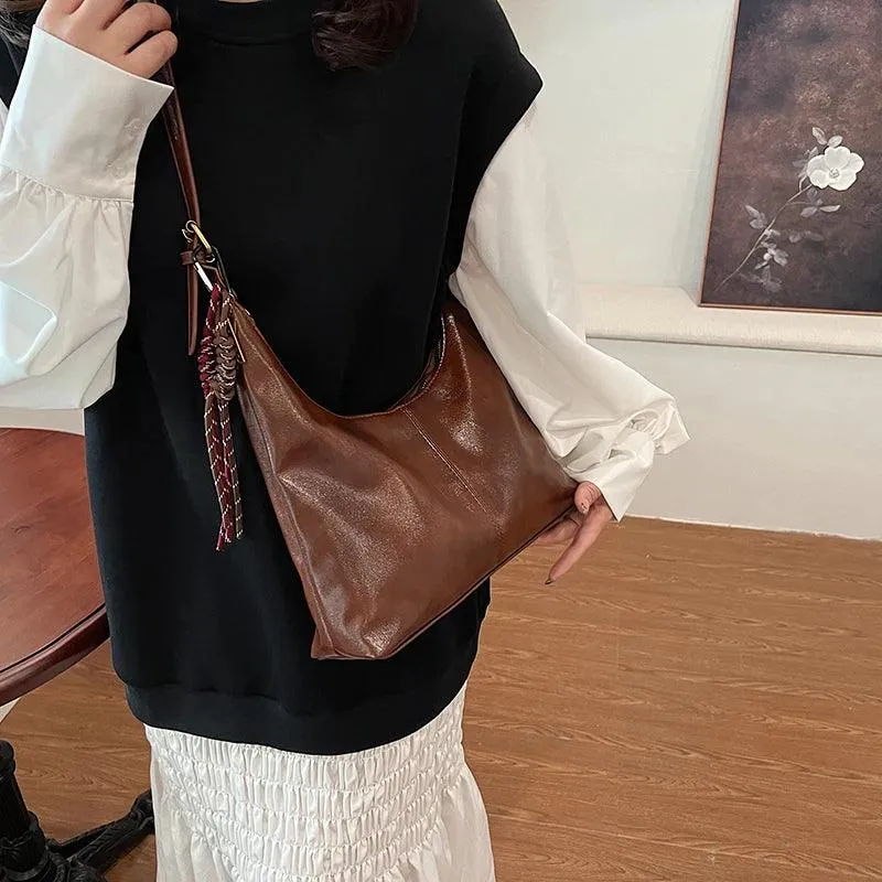 Large Shoulder Bags Soft Leather Women Zipper Rope Tassel Casual Handbags