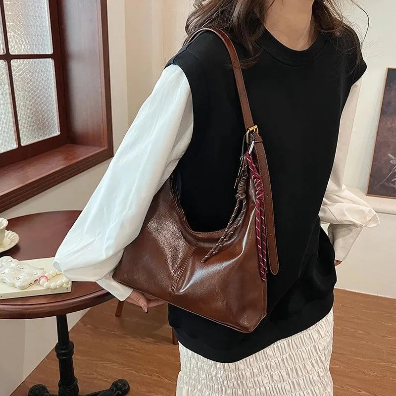 Large Shoulder Bags Soft Leather Women Zipper Rope Tassel Casual Handbags