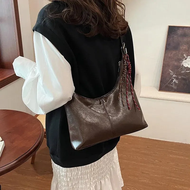 Large Shoulder Bags Soft Leather Women Zipper Rope Tassel Casual Handbags