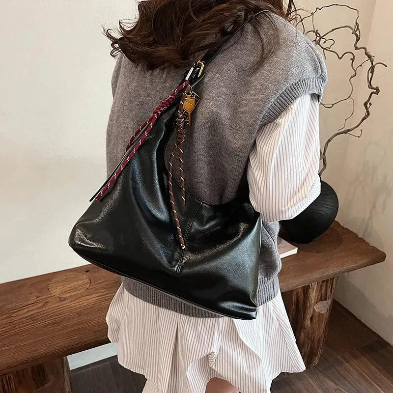 Large Shoulder Bags Soft Leather Women Zipper Rope Tassel Casual Handbags