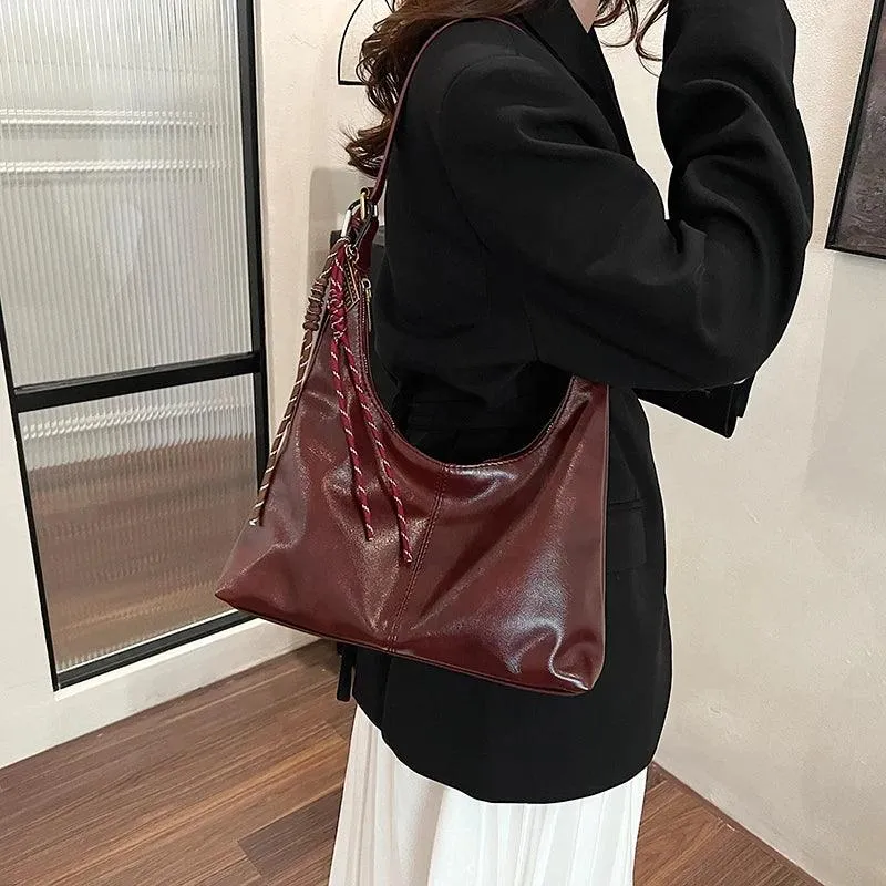 Large Shoulder Bags Soft Leather Women Zipper Rope Tassel Casual Handbags