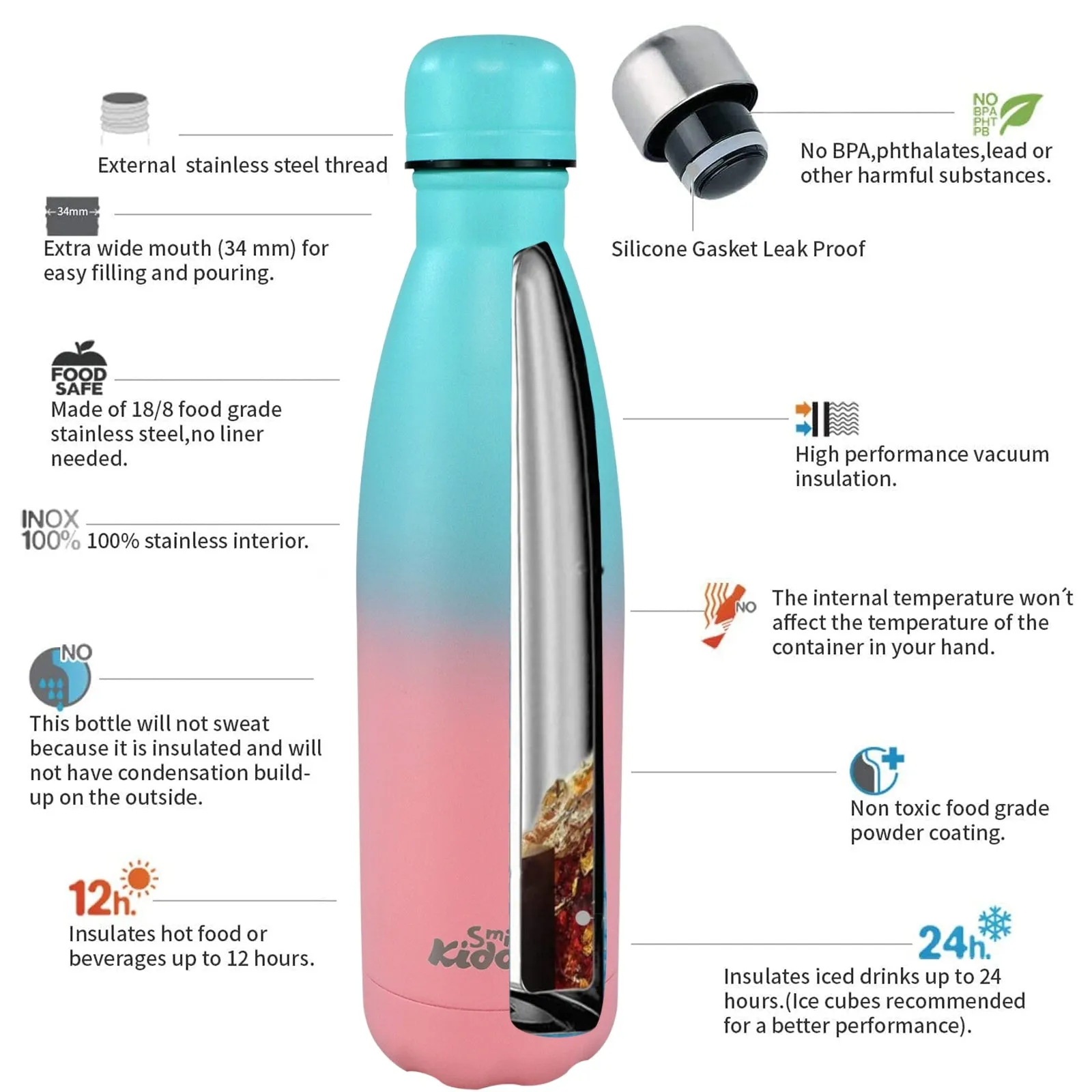 Smily Kiddos 500 ML  Stainless Steel Water Bottle  - Matte Teal Pink